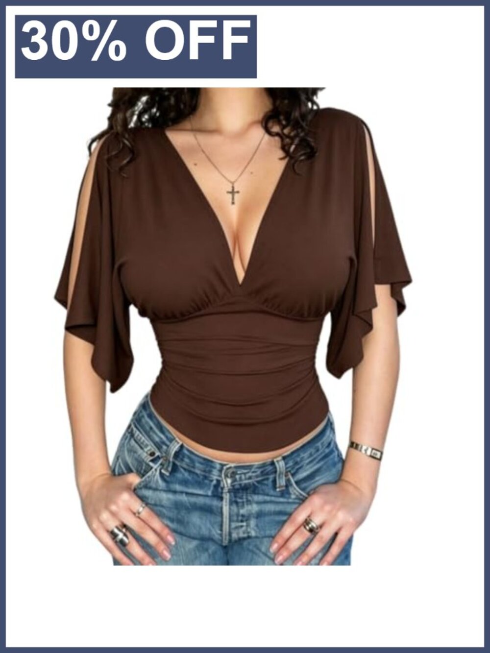 Deep V Neck Dolman Short Sleeve Crop Top Tie Back Ruched Waist